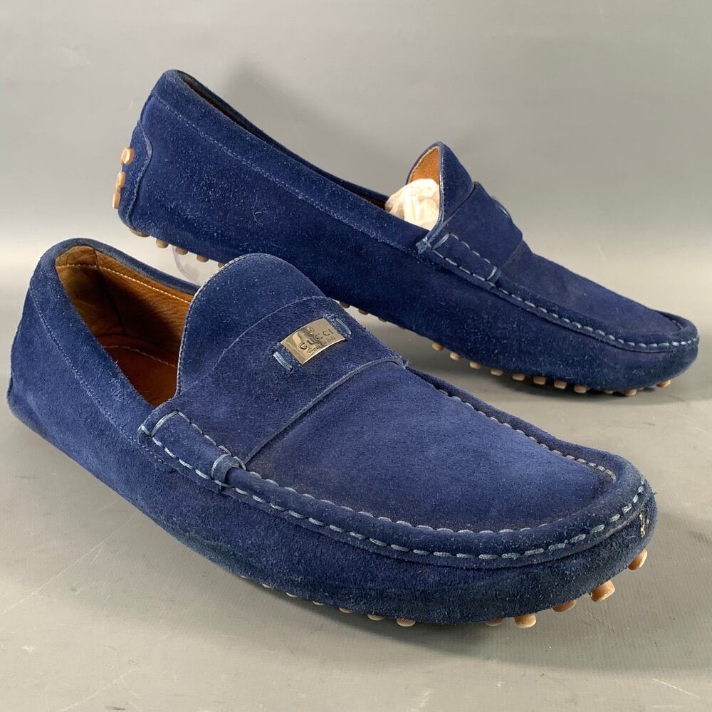 GUCCI Size 11 Blue Suede Slip On Loafers